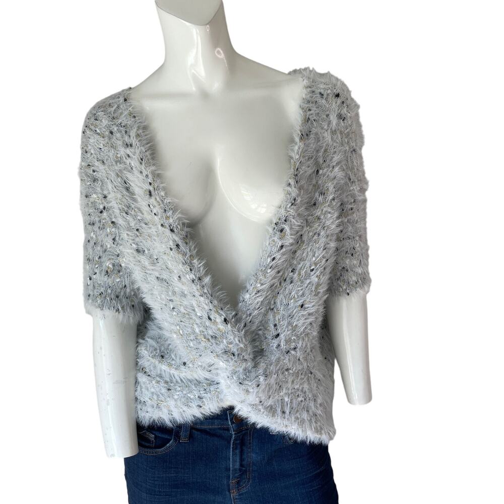 ROFFE Reversible Eyelash Knit Plunge V Neck Short Sleeve Fuzzy Gray Sweater L